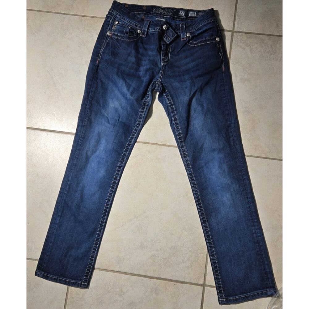 Miss Me Straight Medium Wash Blue Denim Embroidered Studded Button Women's Jeans